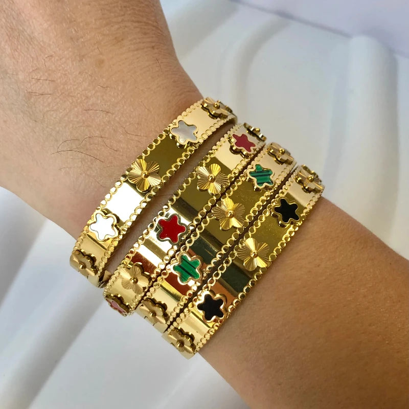 Bracelet Jonc Fleur Dorée – Acier Inoxydable